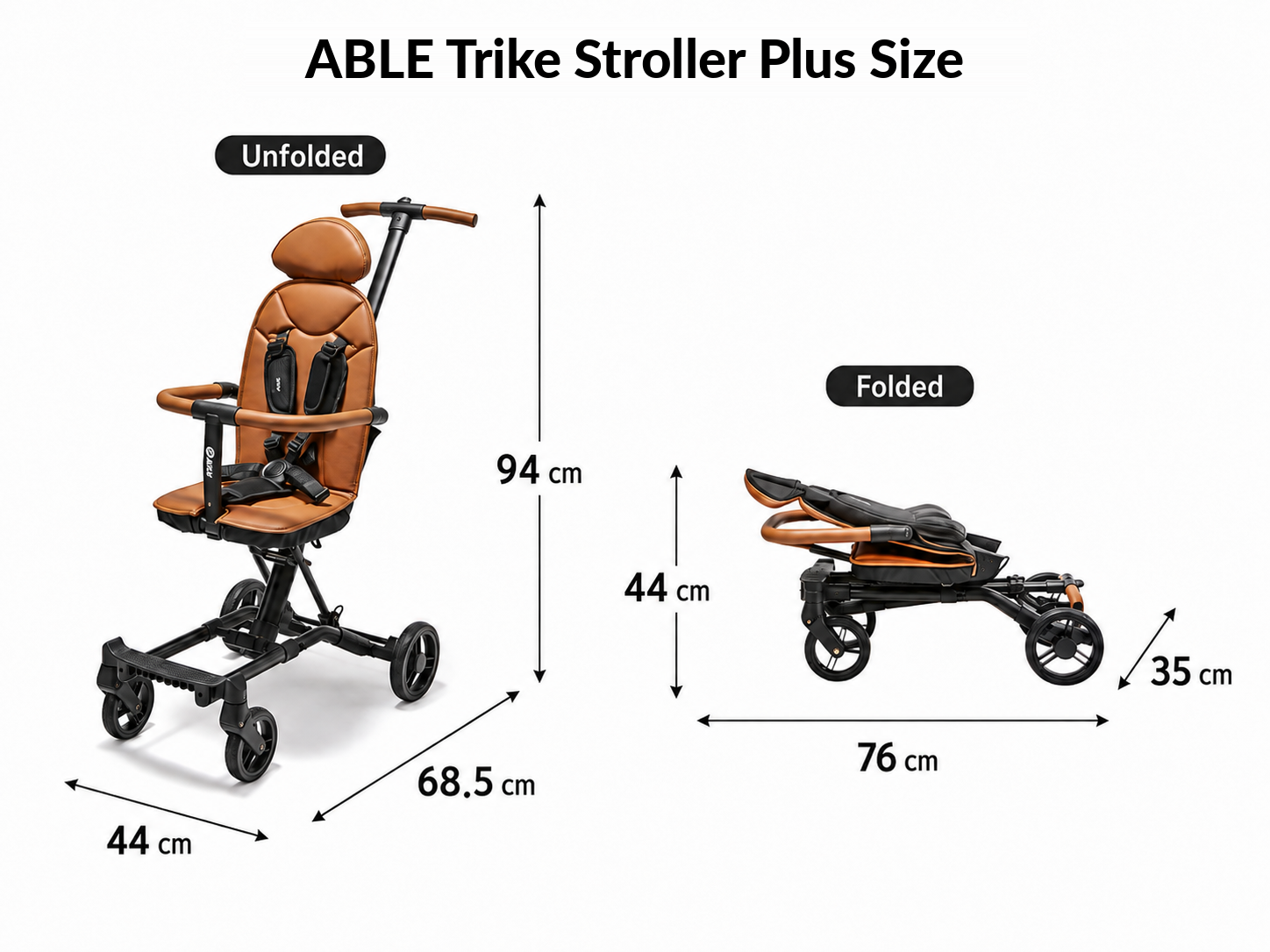 ABLE PLUS三輪嬰兒車展開與摺疊尺寸